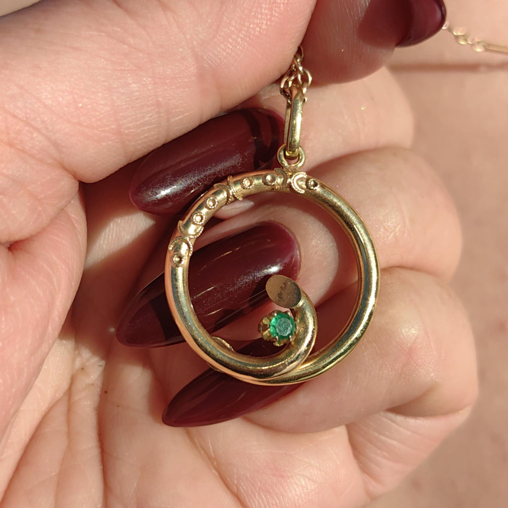 1900s Emerald Solid 18k Yellow Gold Filigree Hand Chiseled  Swirl Floral Necklace Pendant Antique Vintage Dainty Bracelet Charm Gift for Her