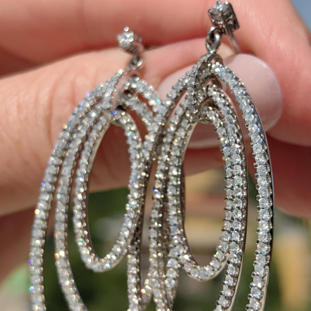 Natural Diamond Dangle 14k White Gold Pave Setting Earrings Elegant Wedding Jewelry Statement Large Oval Drop Dangle Earrings