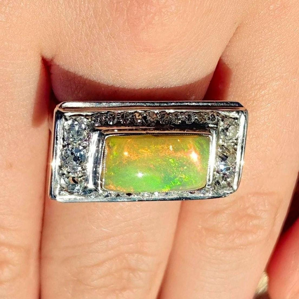 Art Deco Antique Vintage Diamond and Opal 14k White Gold Statement Ring