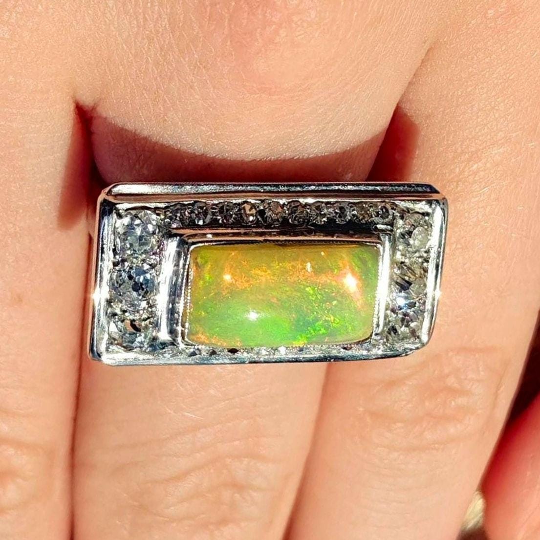 Art Deco Antique Vintage Diamond and Opal 14k White Gold Statement Ring