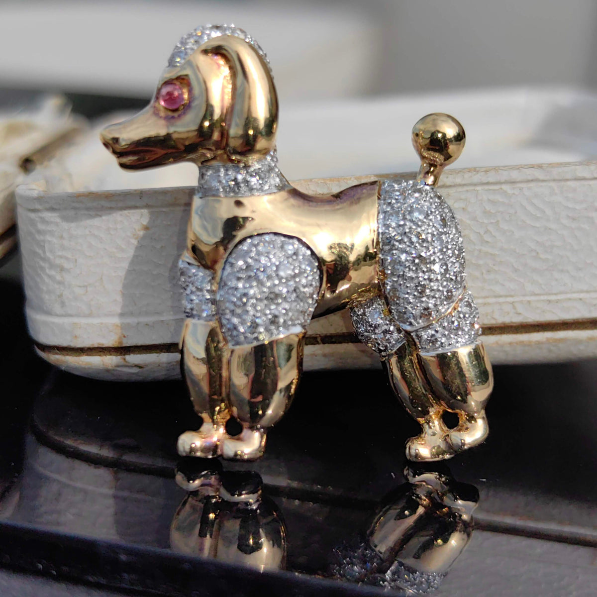 Vintage Antique 1960s Diamond & Ruby 18k Solid Hallmarked Yellow Gold Poodle Dog Cute Pet Elegant Retro Brooch Gift for her Present