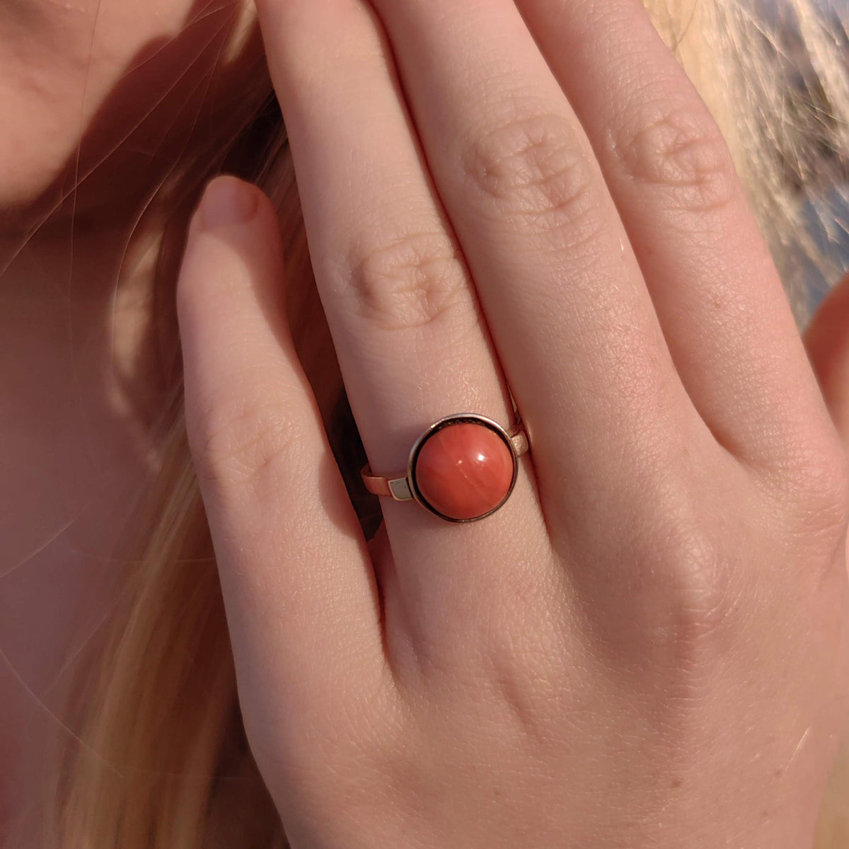 Antique Vintage Mediterranean Round Red Coral  Hallmarked Yellow Gold Late Art Deco 1940s Ring