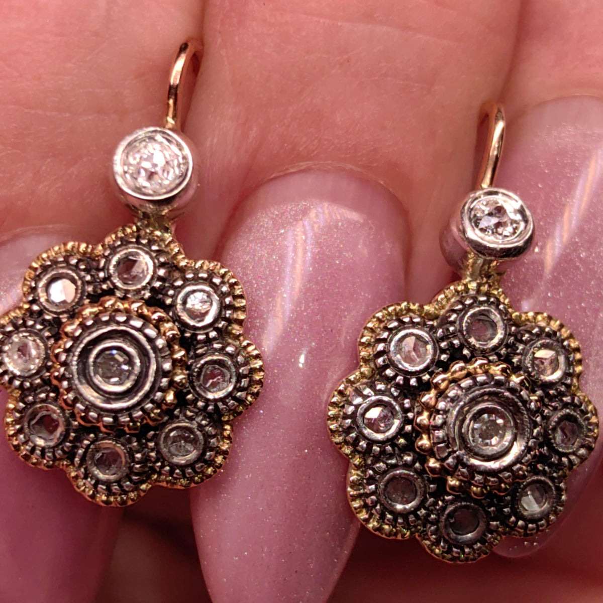 Art Deco 1920s Antique Vintage Natural Diamond in Silver Setting 14k Solid Yellow Rose Gold Statement Earrings