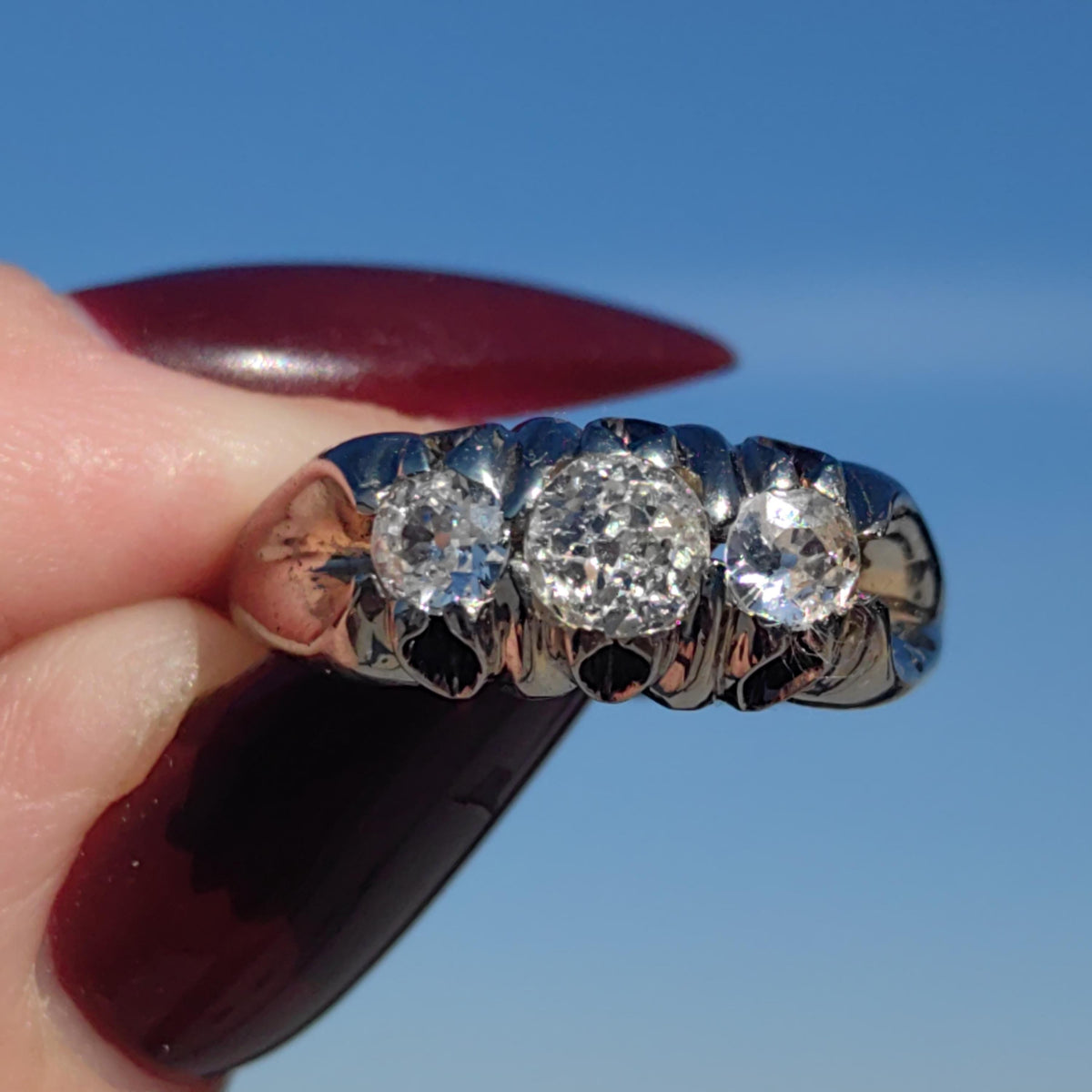 Diamond 18K Solid White Gold Vintage 1930s Art Deco Engagement Three Stone Setting Diamond Engagement Band Ring, Thick Statement Ring