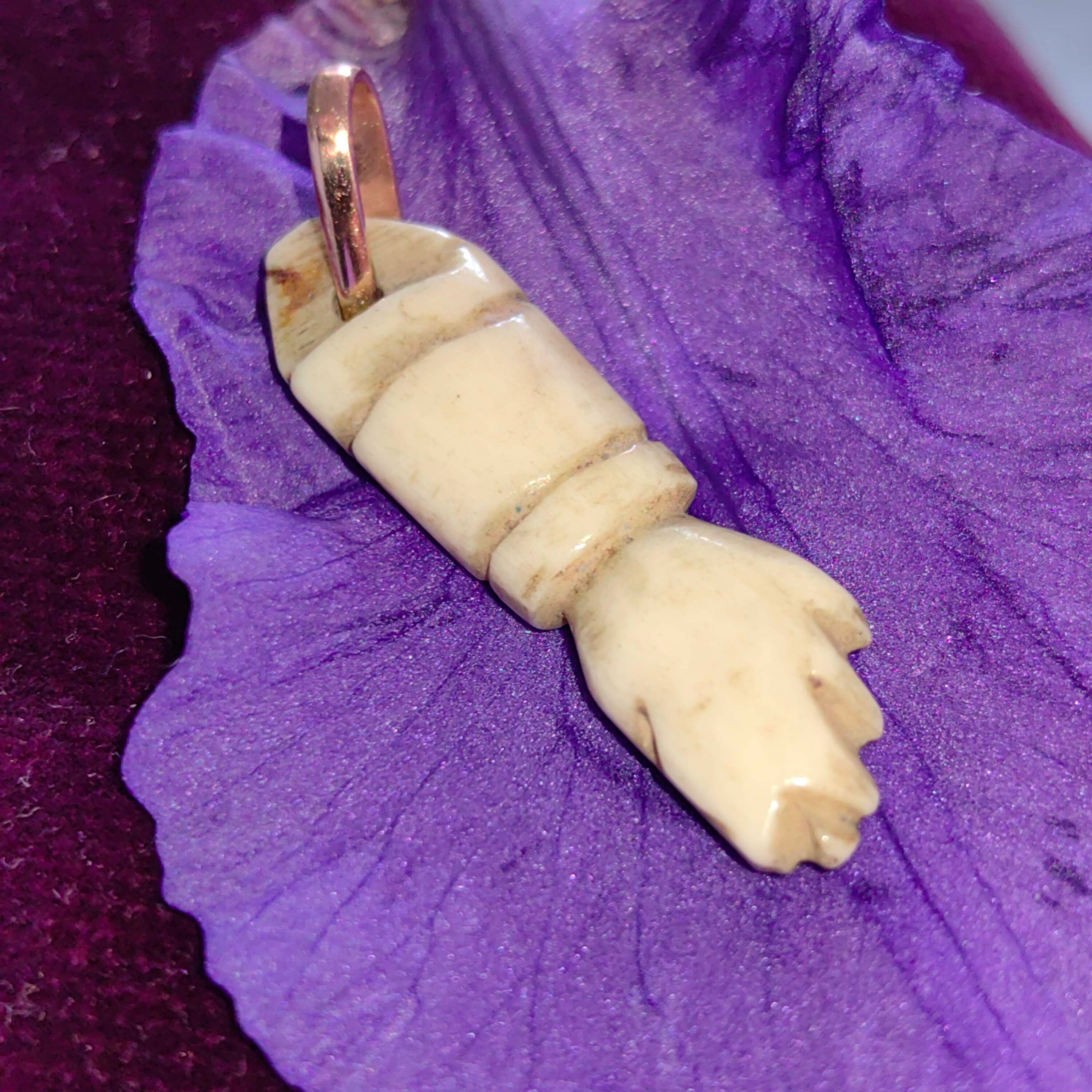 Victorian Bone and Solid Yellow 14k Gold Hand Carved Fist Fortune Luck Power Necklace Pendant Bracelet Charm Gift Handmade Present