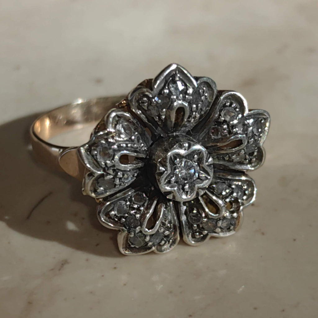 Art Deco Diamond Floral Ring: 14k Gold & Silver, 1930s Statement Ring
