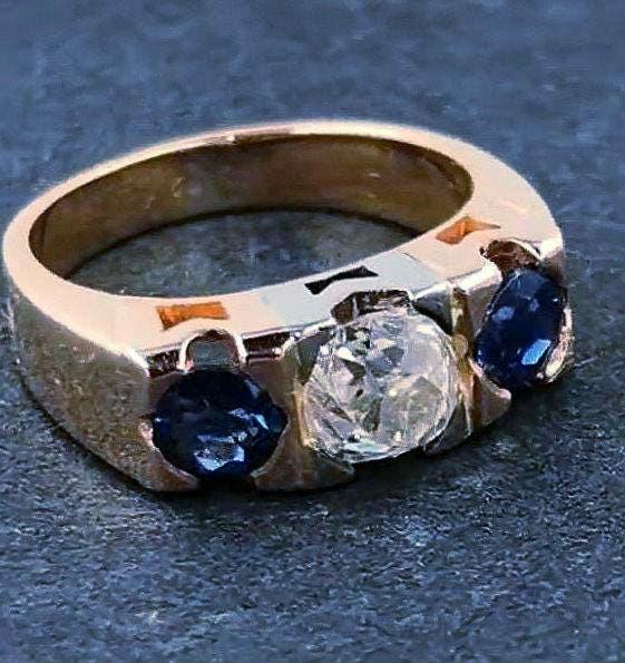 Art Deco 14k Gold Ring: .85ct Old European Cut Diamond & Sapphire