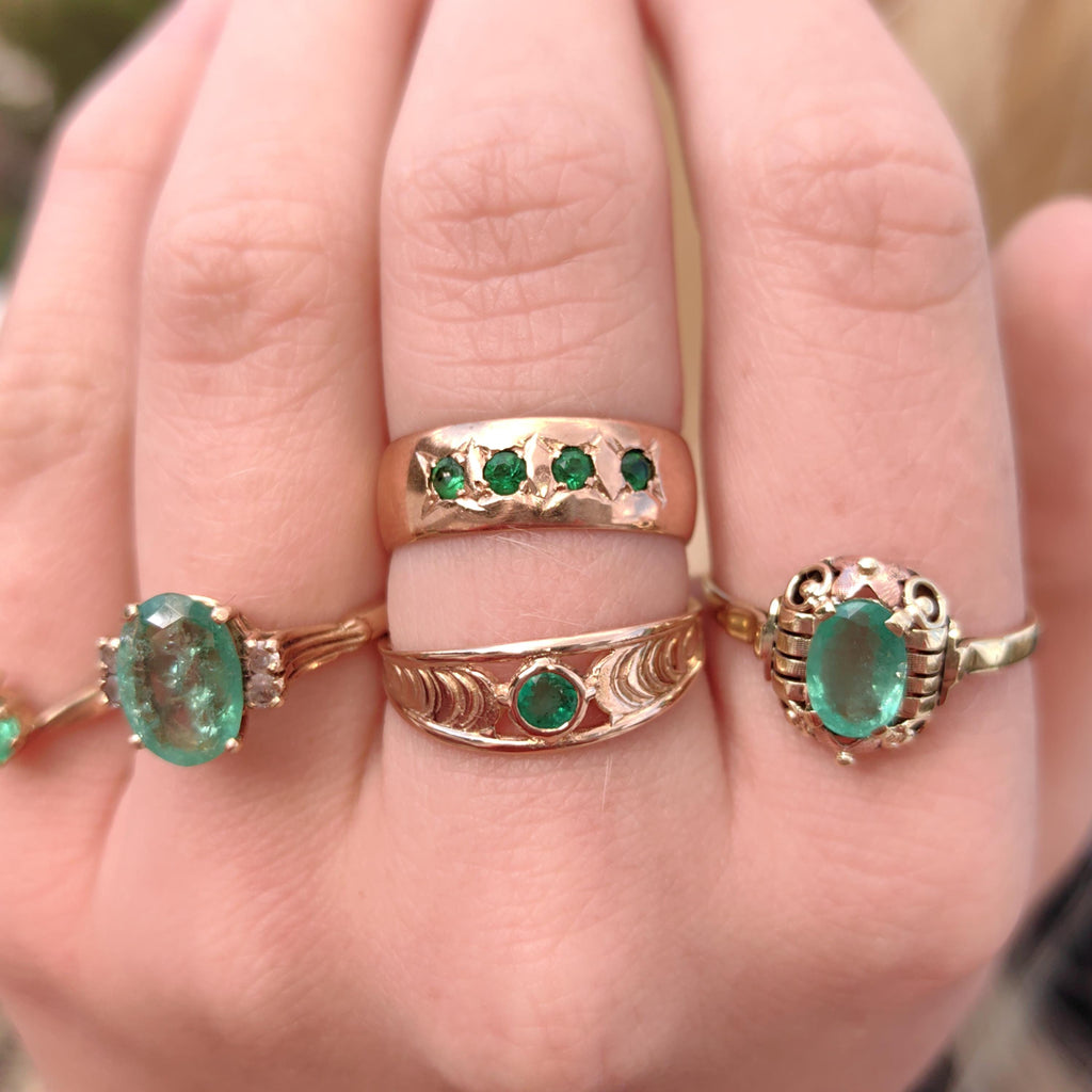 Vintage Mid Century Green Natural Emerald Oval Diamond Solid 14k Yellow Gold Antique Engagement Ring Dainty Stackable Band Gift for Her