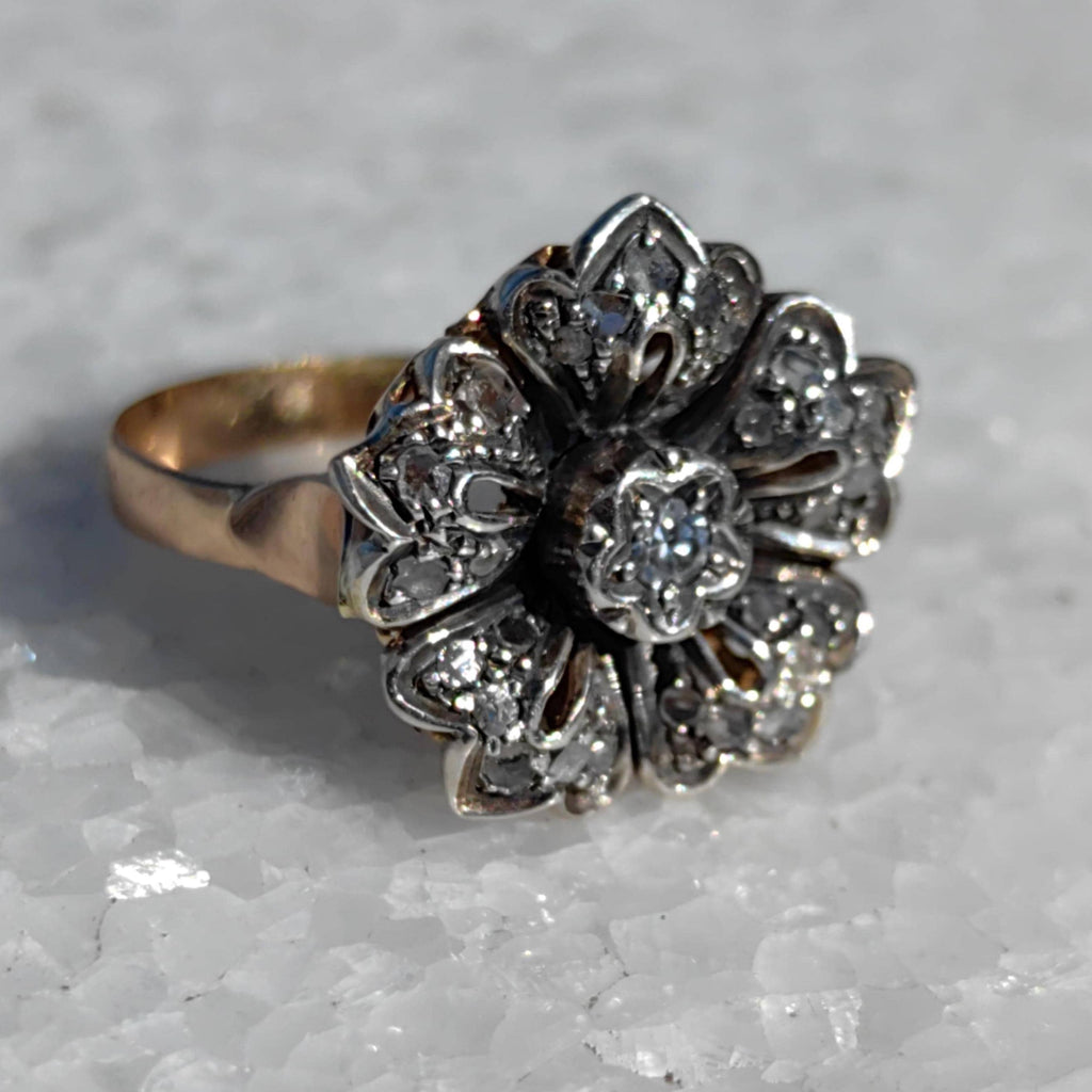 Art Deco Diamond Floral Ring: 14k Gold & Silver, 1930s Statement Ring