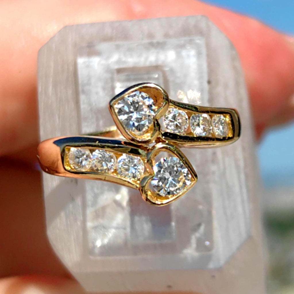Vintage 0.64ct Diamond Ring: 21.6k Yellow Gold Two Heart Promise Ring, Size 6