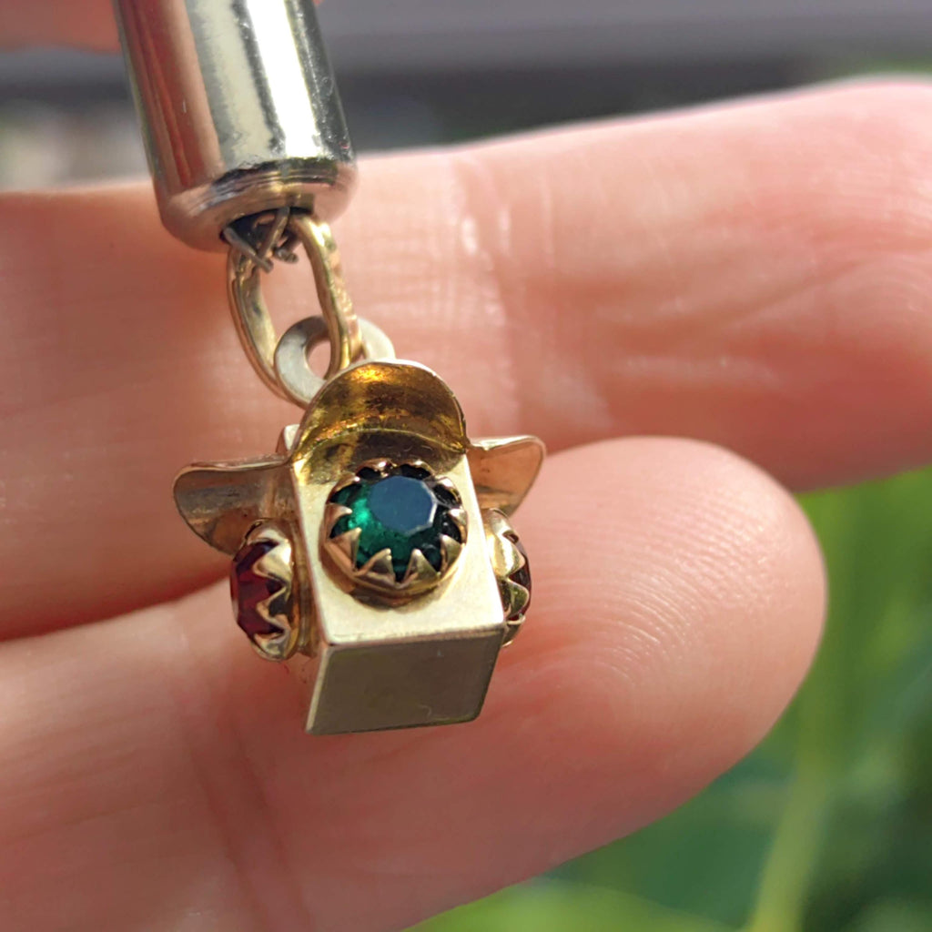 18k Gold Art Deco Pendant: Red & Green Paste Stone Charm