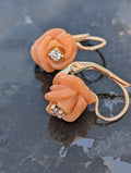 1950s Mid Century Hand Carved Coral Diamond 14k Gold Rose Earrings, Handmade Delicate Floral Lever Back Sleepers Earrings, Gift for Her