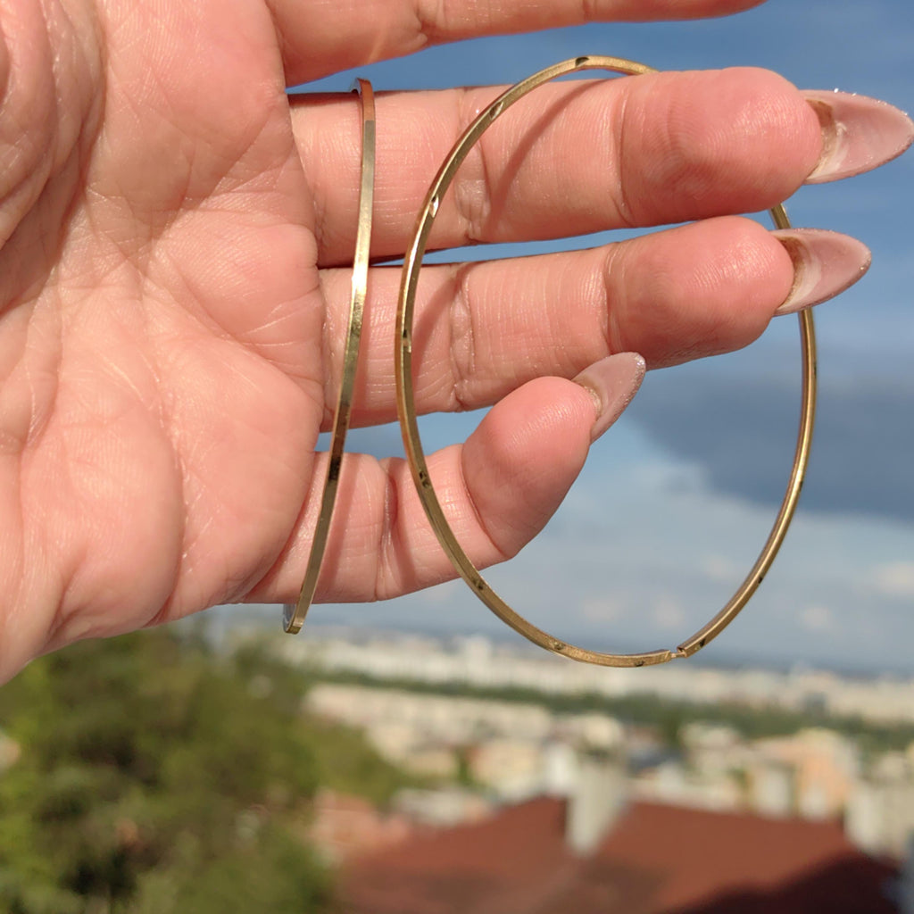 14k Solid Yellow Gold  63mm Diameter Large Hoop Statement Earrings Elegant Bracelet Bangle, Gypsy Earrings Vintage 1980s  Gift for Her
