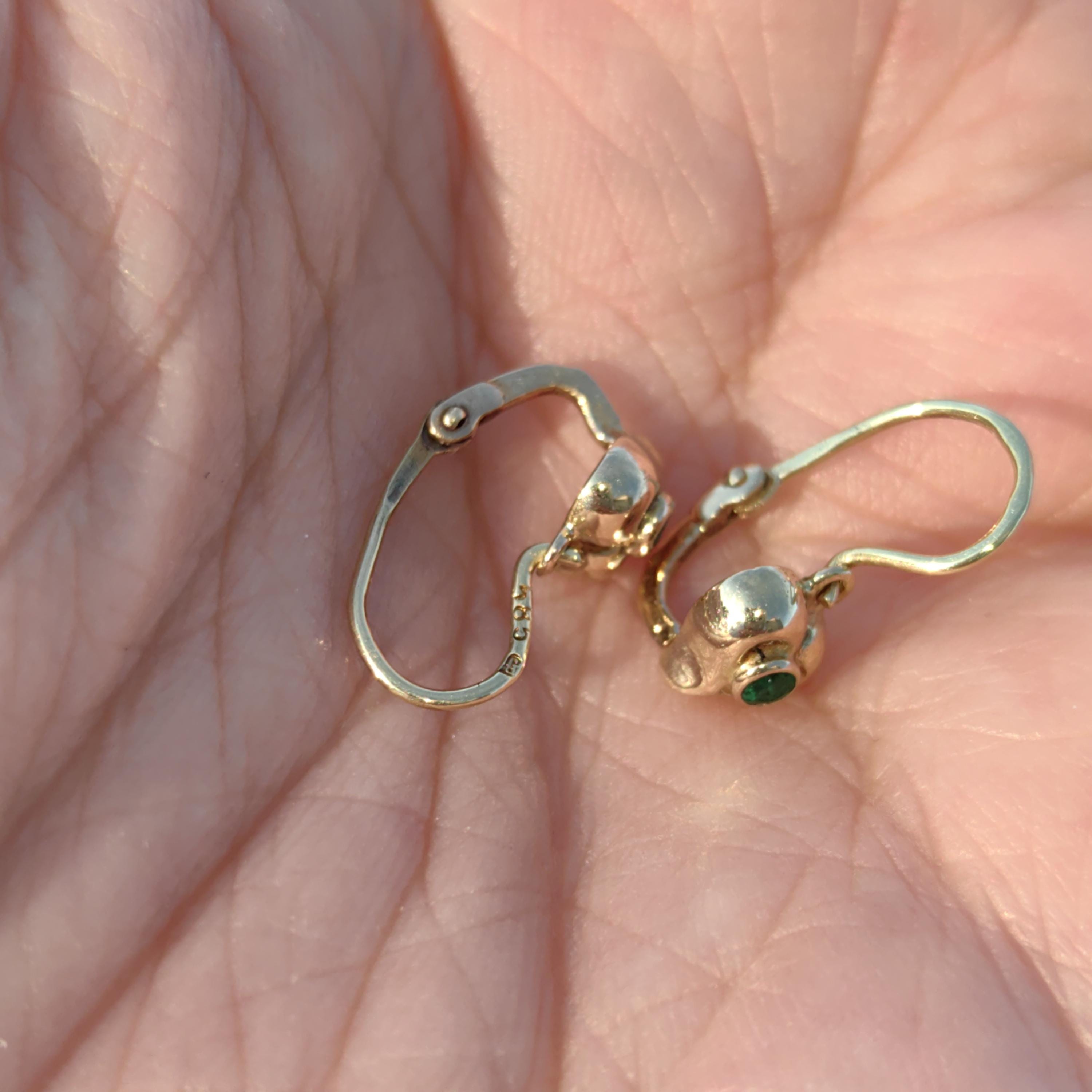 14k 585 Hallmarked Gold Heart Natural Emerald Solid Hallmarked Yellow Champagne 1950s Mid Century Dormouse Gift for her Antique Earrings
