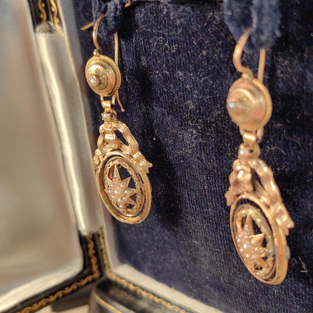 18k Yellow Gold Pearl Dangle Earrings: Antique Bow Star Design