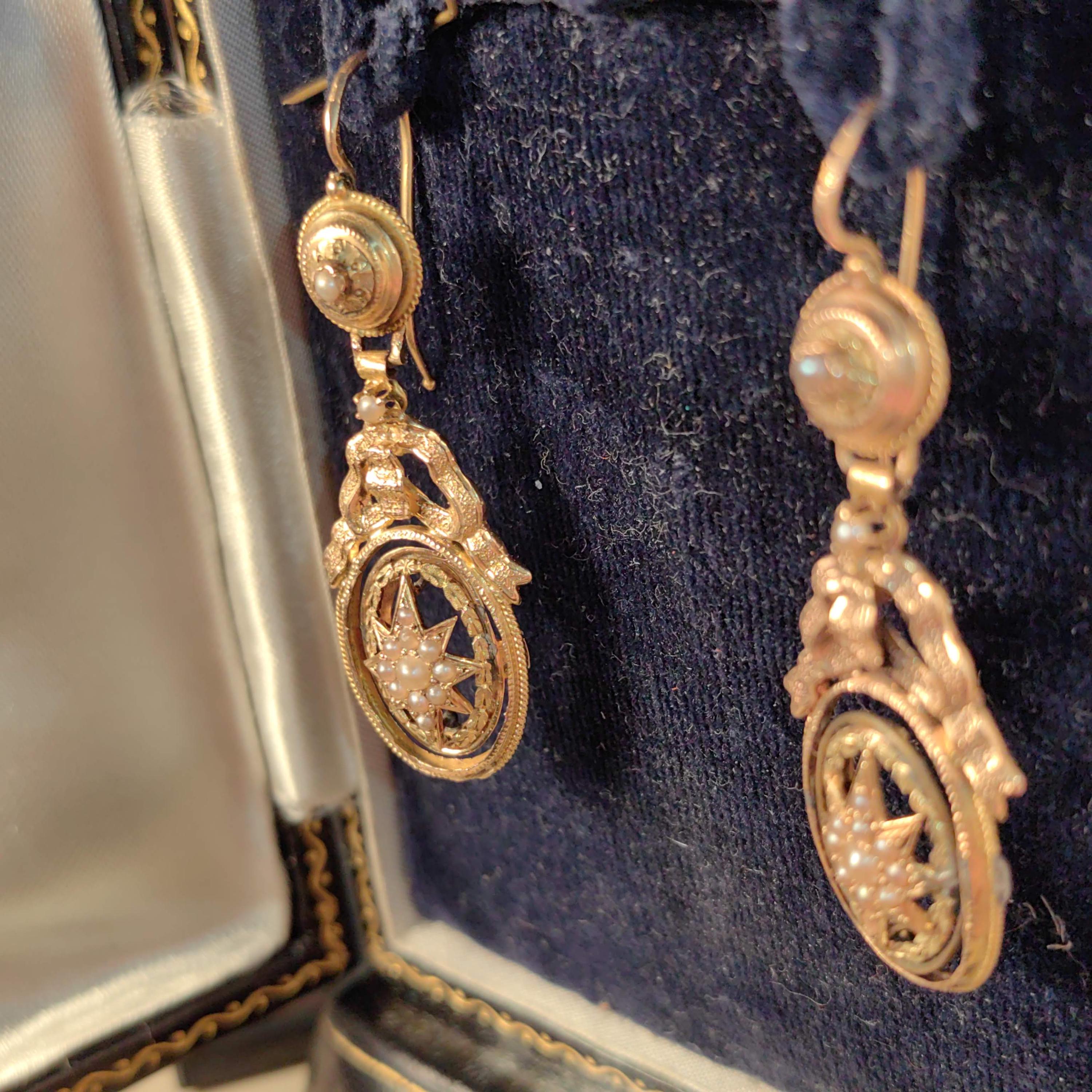 18k Yellow Gold Pearl Dangle Earrings: Antique Bow Star Design