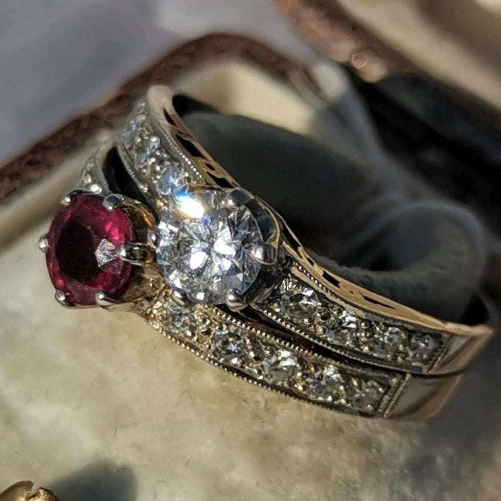 Art Deco Toi et Moi Ring: Ruby and Diamond 14k White Gold, 1930s