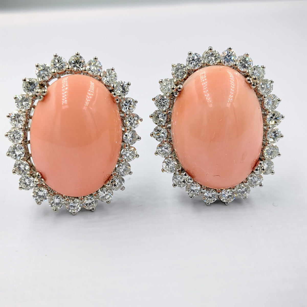 1960s Angel Skin Coral Diamond Earrings, 2.40ct Diamonds, 18k White Gold, 25mm Mid-Century Omega Backs