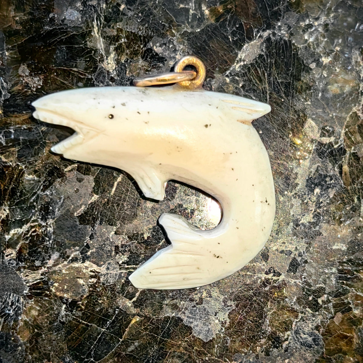 Vintage 1960s Bone and Solid 18k Yellow Gold Shark Whale Sea Ocean Surf Nautical Fish Retro Antique Pendant Gift Present