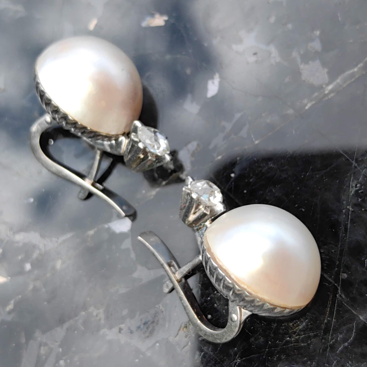1930s Art Deco Maube Pearl Earrings: 0.74 ct Diamond, 18k White Gold