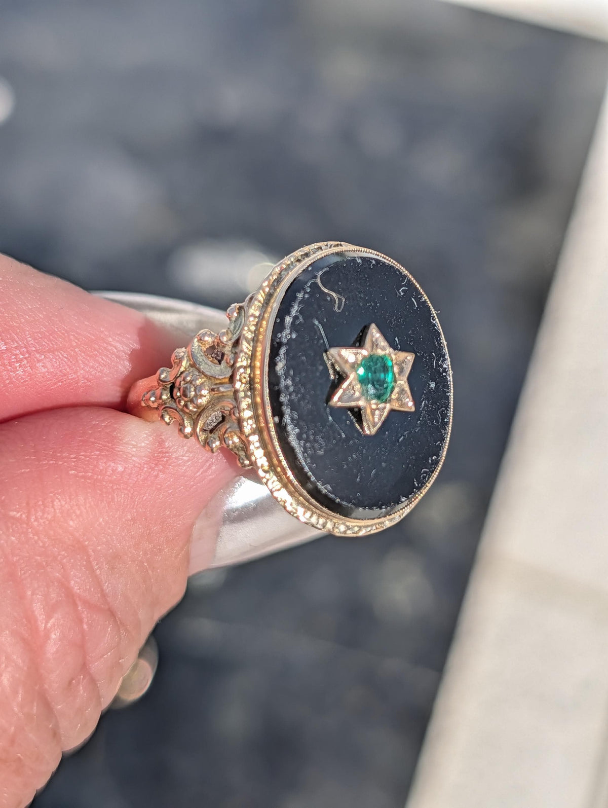 1920s Art Deco Natural Emerald Black Onyx 14k Gold Judaica Star of David Ring, Antique Geometric Statement Ring, Gift for Her