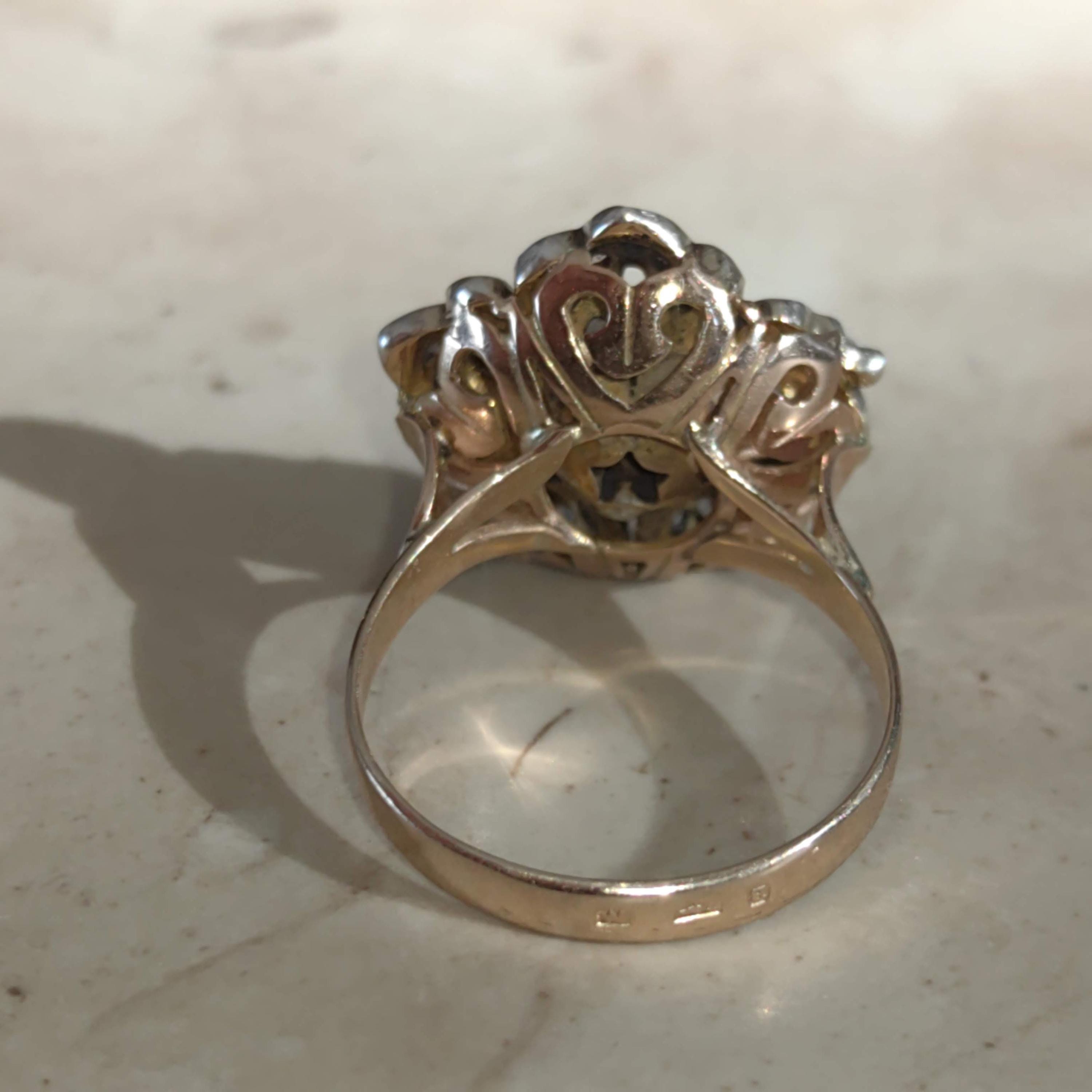 Art Deco Diamond Floral Ring: 14k Gold & Silver, 1930s Statement Ring