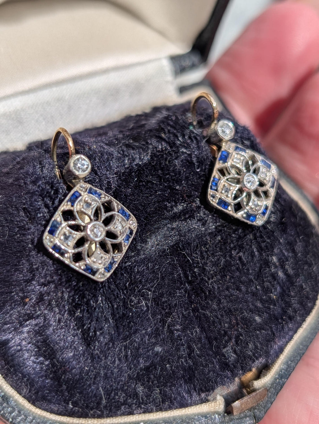 Art Deco Sapphire Diamond Earrings 1920s Antique Gold Leverback Earrings Old Cut Diamond Statement Earrings Gift for Her