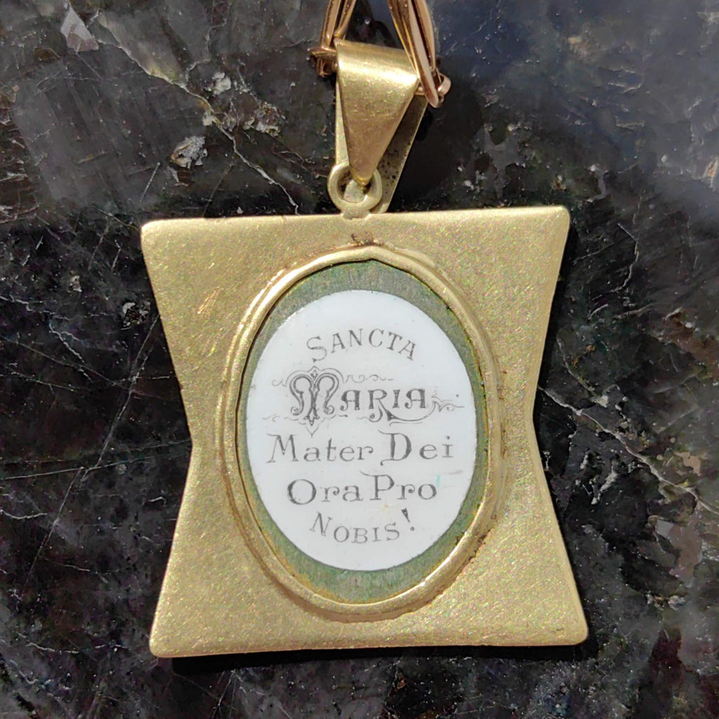 Art Nouveau 14K Gold Madonna Pendant: Antique Hand-Painted Enamel