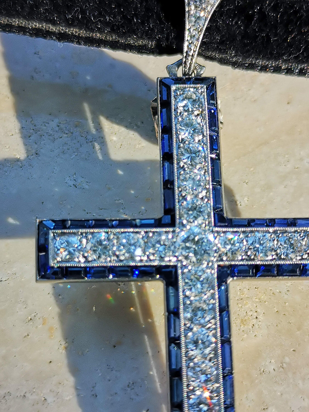 1920s Art Deco Platinum Cross Pendant: Diamond & Sapphire Antique