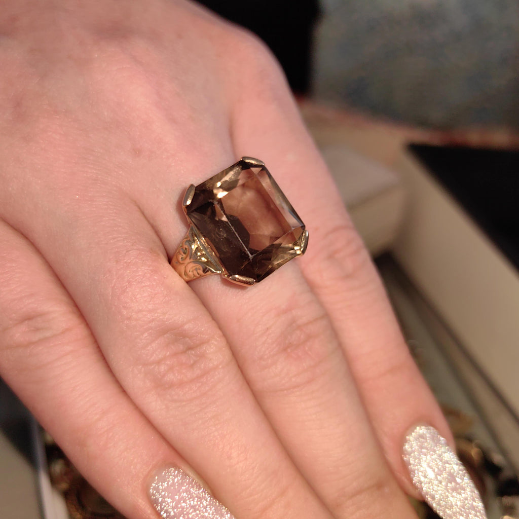 Smoky Topaz Art Deco Ring: 14k Yellow Gold, 1940s Statement