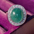 Emerald Diamond Ring Vintage 1970s Natural large cabochon Green Statement Estate Ring 14k Solid White Gold Elegant Statement Gift Her wife
