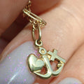 14k Gold Cross Heart Anchor Charm: Antique Faith, Love, Travel Pendant