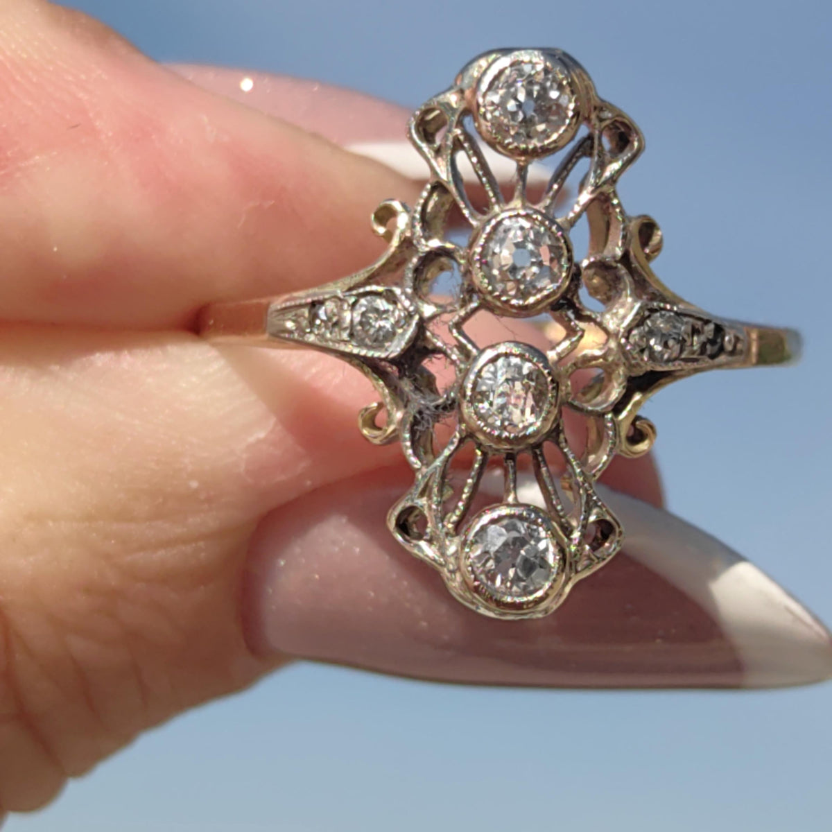 Art Deco 1920s Natural Diamond Engagement Ring Hallmarked 14k Solid Yellow Gold Floral Vintage Elegant Gift for Her Statement ring