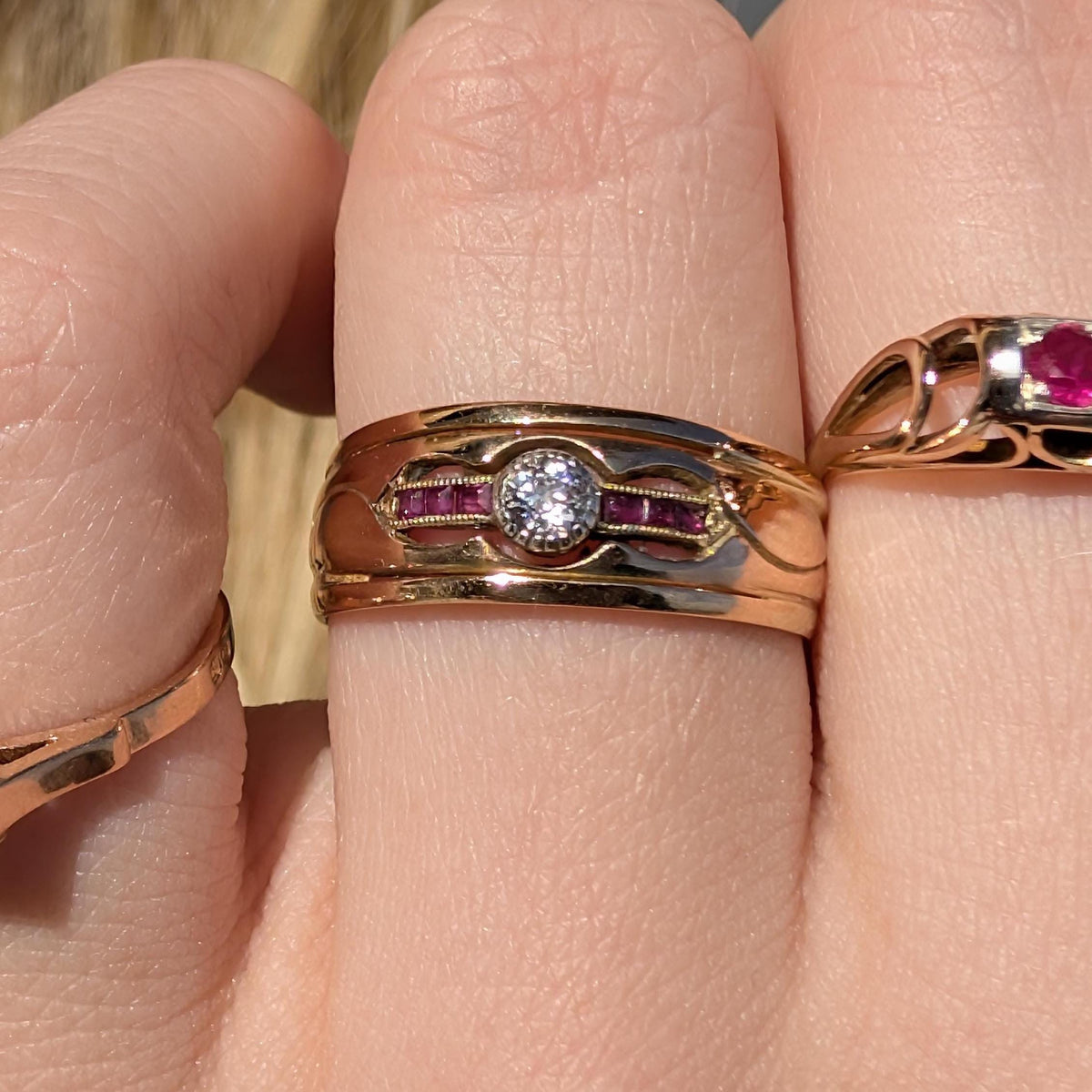 Art Deco 1920s Natural red Ruby Diamond 14K Solid Yellow Gold Hallmarked Ring Vintage Chevalier ring, Band Stackable Ring, US size 7