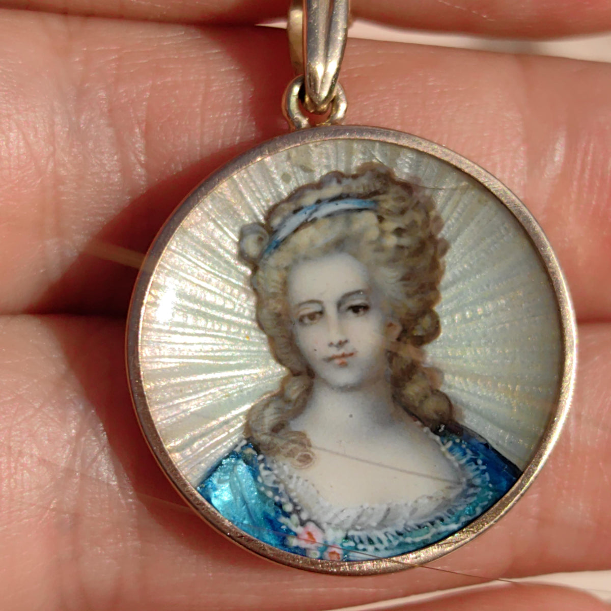 1920s 18k Gold Fire Enamel Portrait Pendant: Aristocratic Woman Miniature