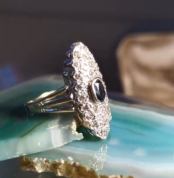 Sapphire and Diamond Marquise  14k Solid Gold Art Deco Antique Ring