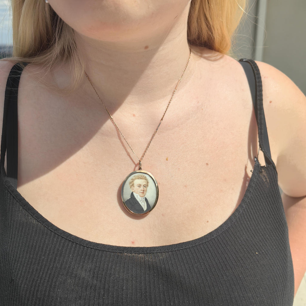 Antique Hand-Painted Floral Portrait Pendant - 1800s Miniature