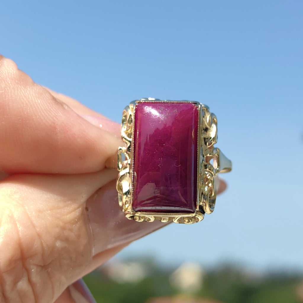 Vintage Art Deco Natural Opaque Red Ruby Elegant Rectangle Emerald Cut Ring 14k Solid Yellow Gold Geometric Statement Ring Gift Present