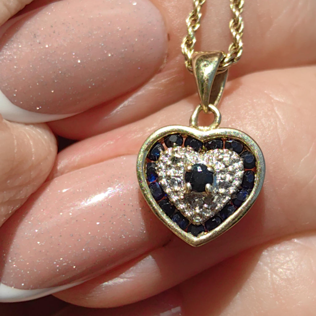 Sapphire Diamond 14k Yellow Gold Heart Pendant - Vintage Charm