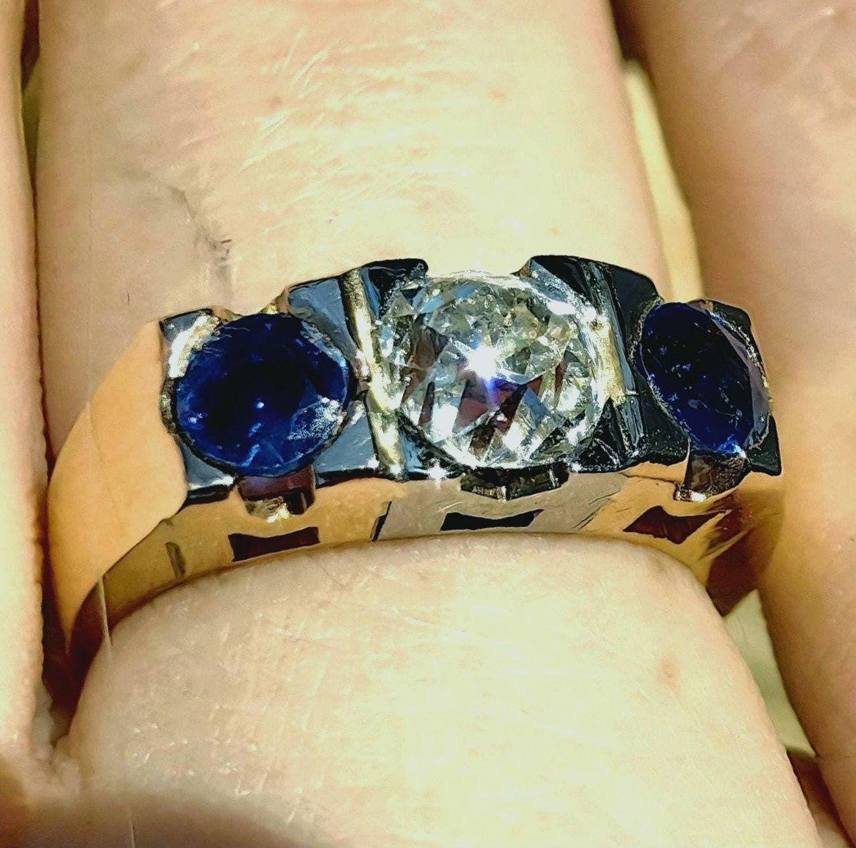 Art Deco 14k Gold Ring: .85ct Old European Cut Diamond & Sapphire