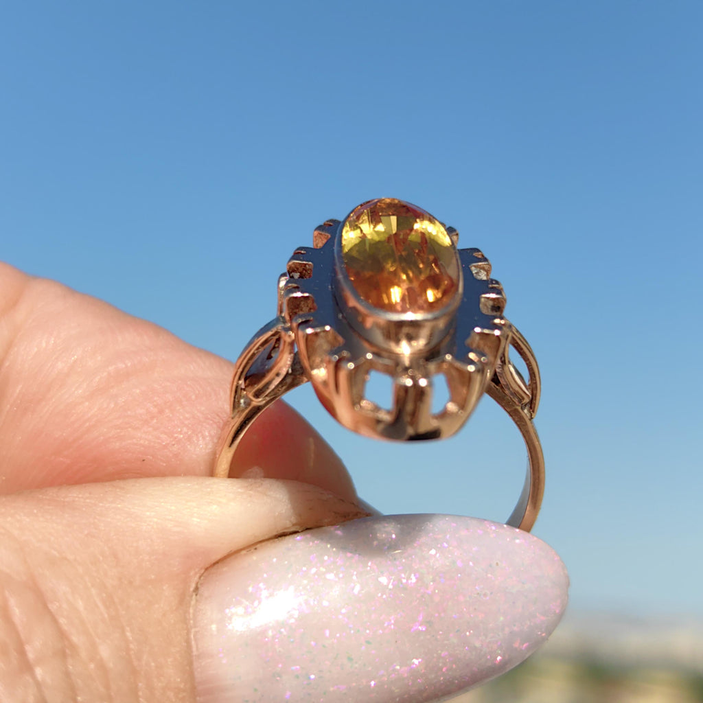 Art Deco Citrine Statement Ring: 14k Yellow & Rose Gold, 1940s Vintage