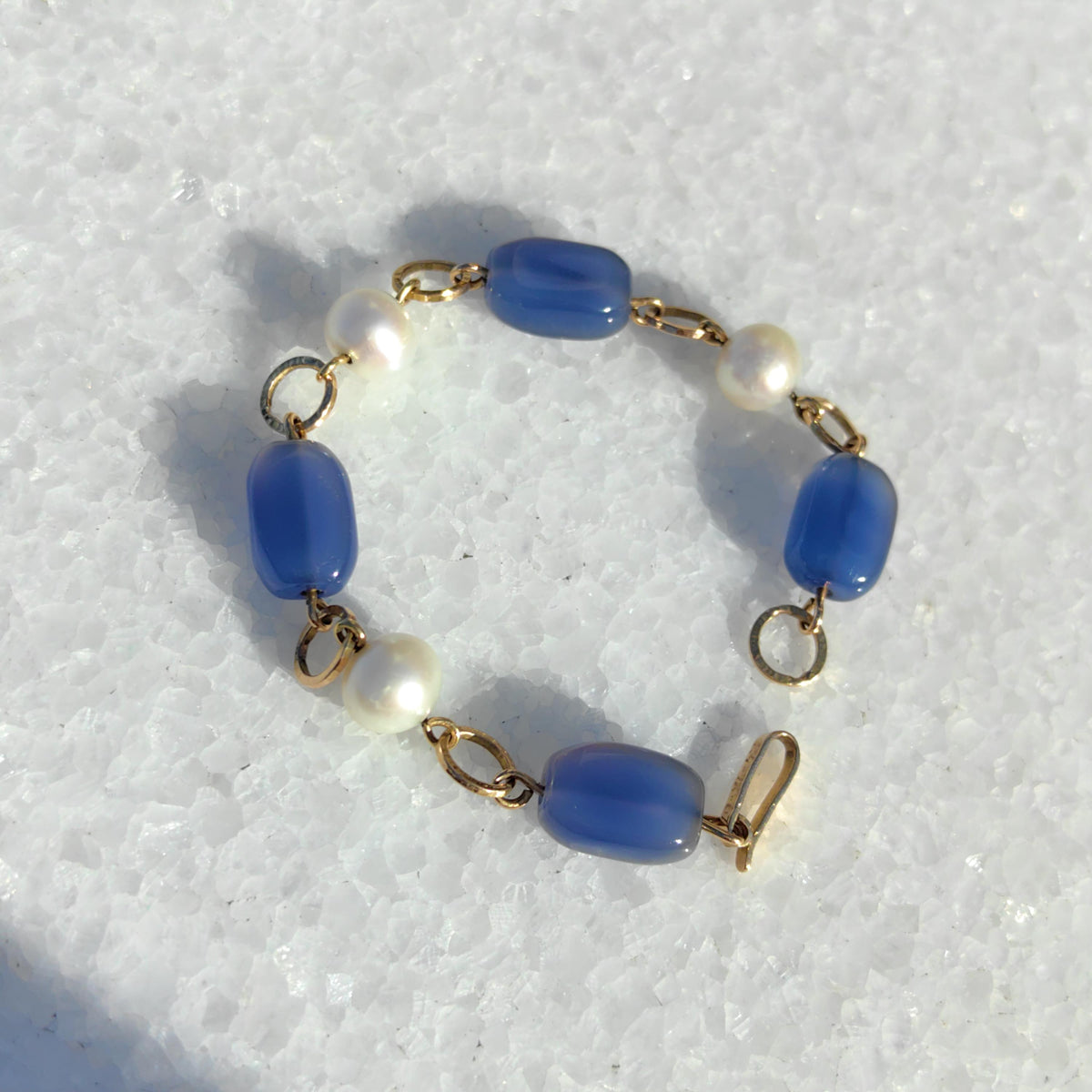1960s Blue Chalcedony Pearl Bracelet: 18k Gold Beaded Chain
