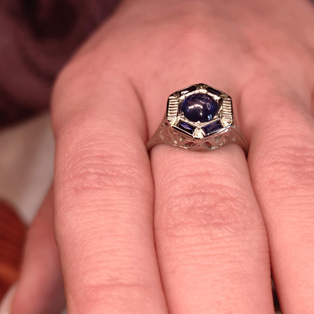 Vintage Art Deco 1920s Edwardian 14k Solid White Gold Natural Blue Star Sapphire Hand Chiselled Elegant Ring Gift for Her Present