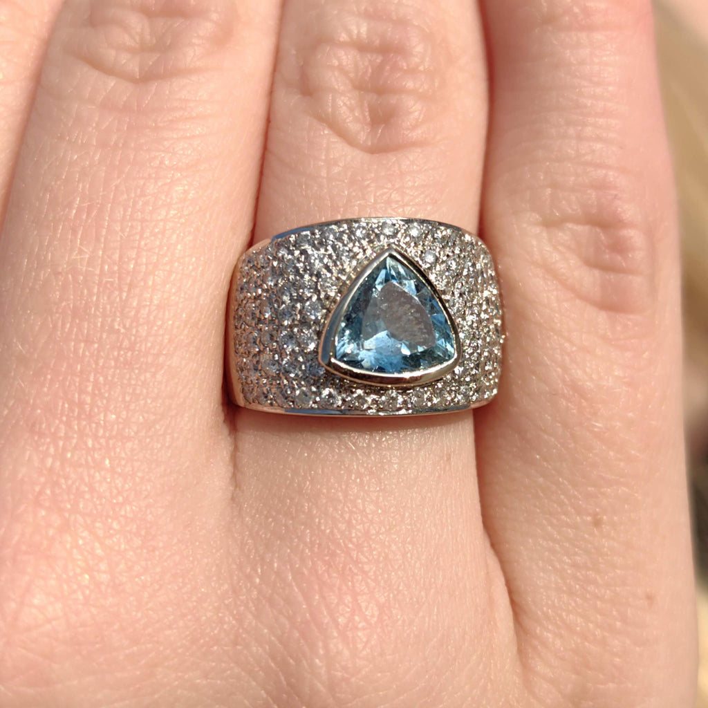 Aquamarine Trillion Diamond 18k White Gold Statement Ring, Geometric Unisex Band