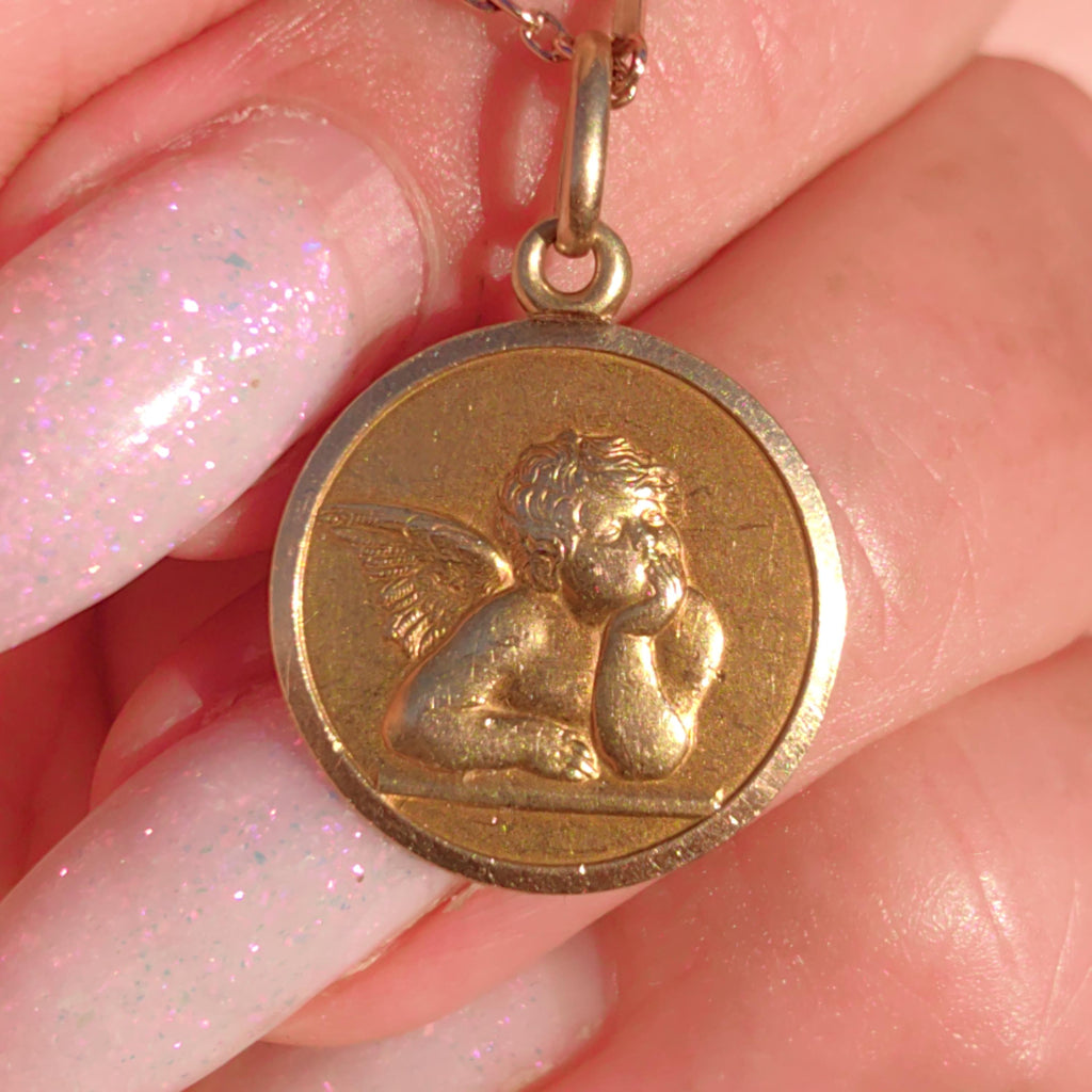 Vintage 18k Gold Cupid Angel Pendant: Religious Catholic Charm