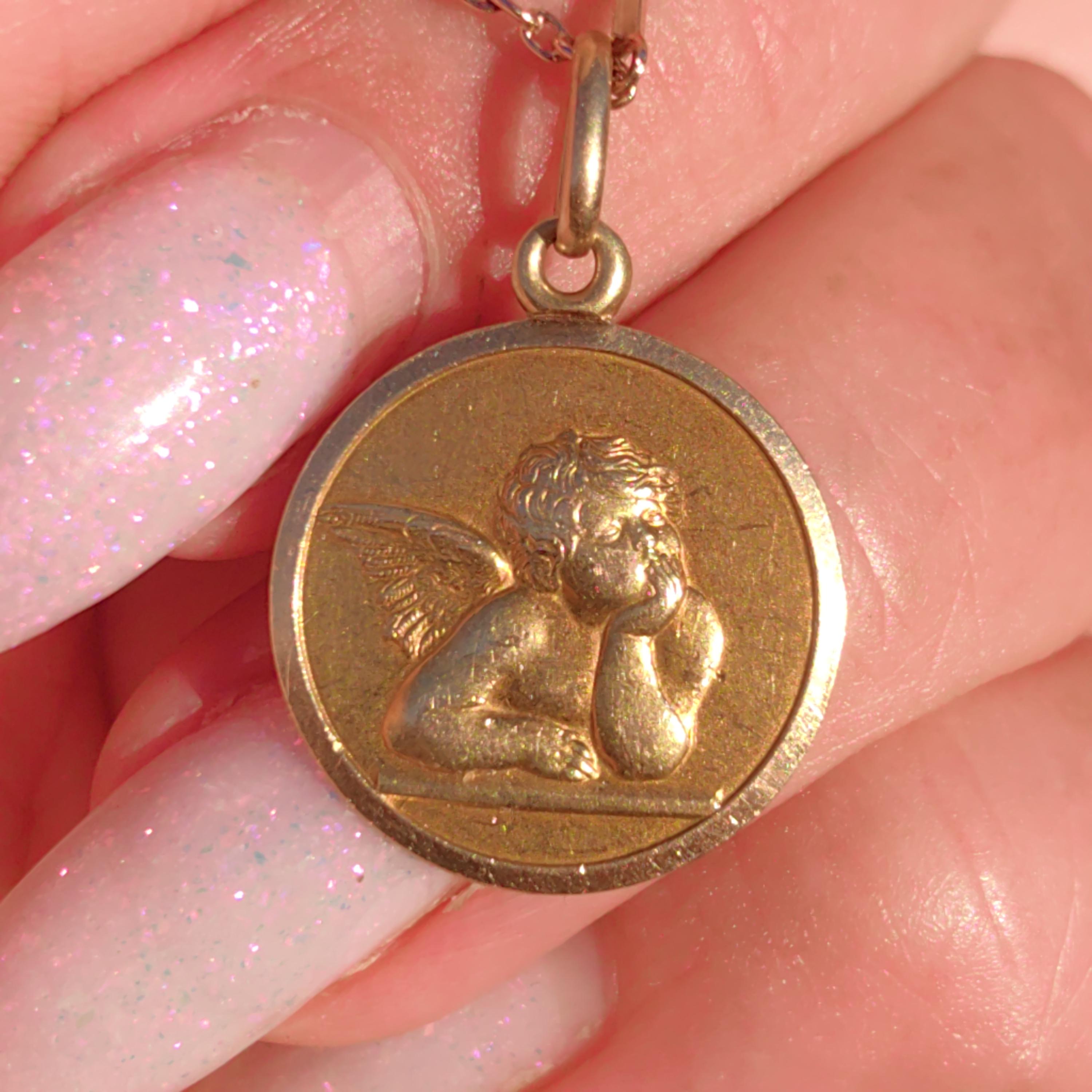 Vintage 18k Gold Cupid Angel Pendant: Religious Catholic Charm