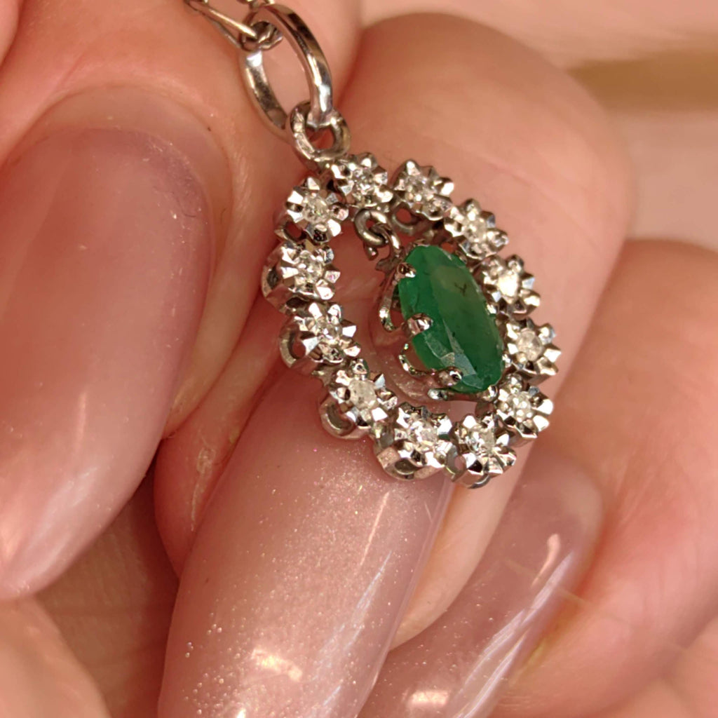 Natural Emerald and Diamond 14k Solid White Gold Dangle Charm Pendant Elegant Dainty Vintage Gift her Present