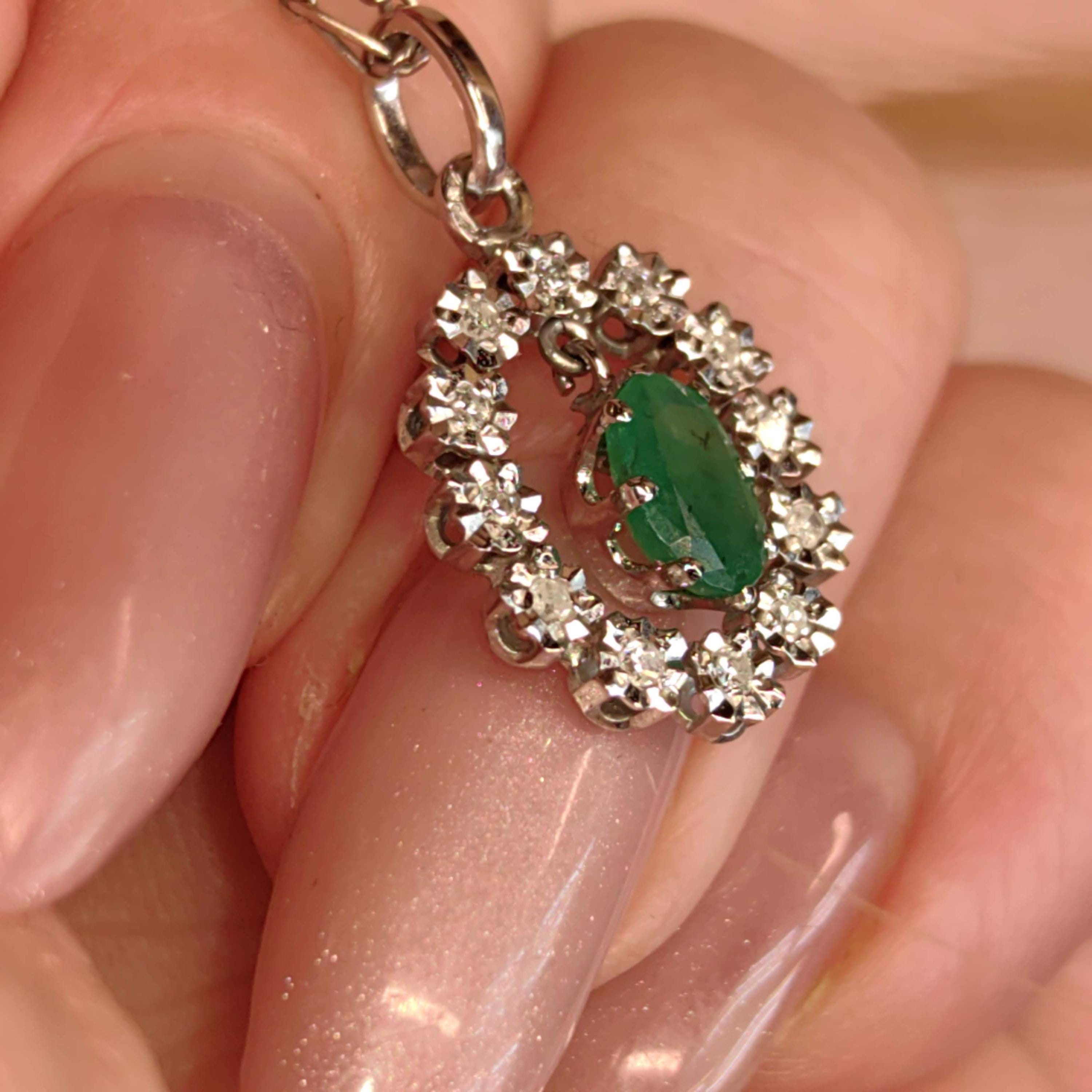 Natural Emerald and Diamond 14k Solid White Gold Dangle Charm Pendant Elegant Dainty Vintage Gift her Present