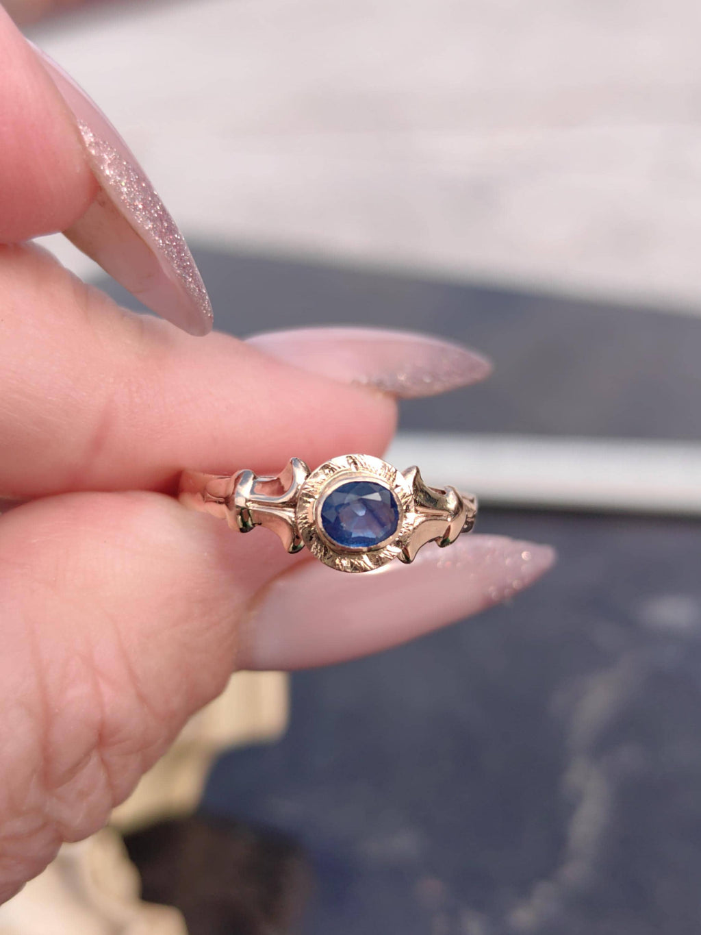 Art Nouveau Sapphire Ring Solid Yellow Rose Gold Antique 1900s