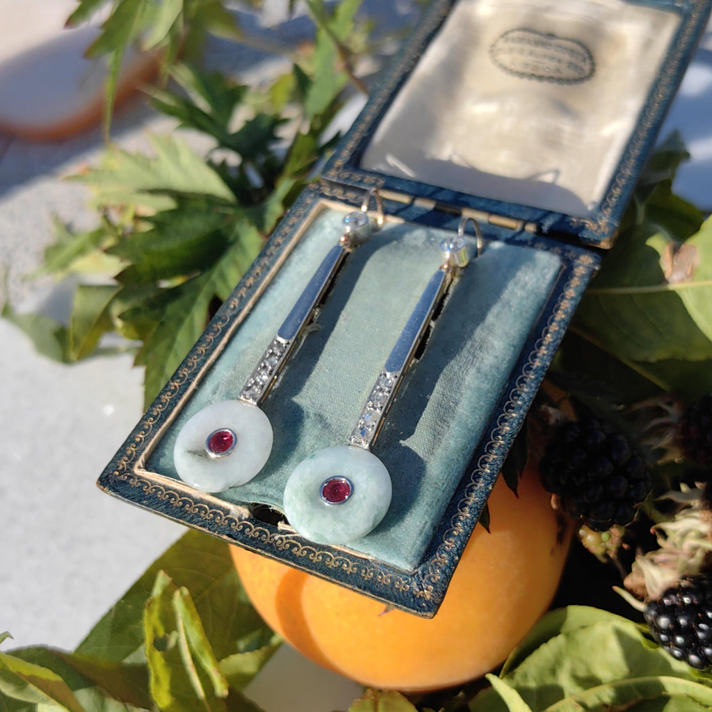 Unic Art Deco white/green Jade Drop Dangle Earrings old cut Diamond Natural Ruby 14k Solid white/yellow Gold ancient Jade discs stunning